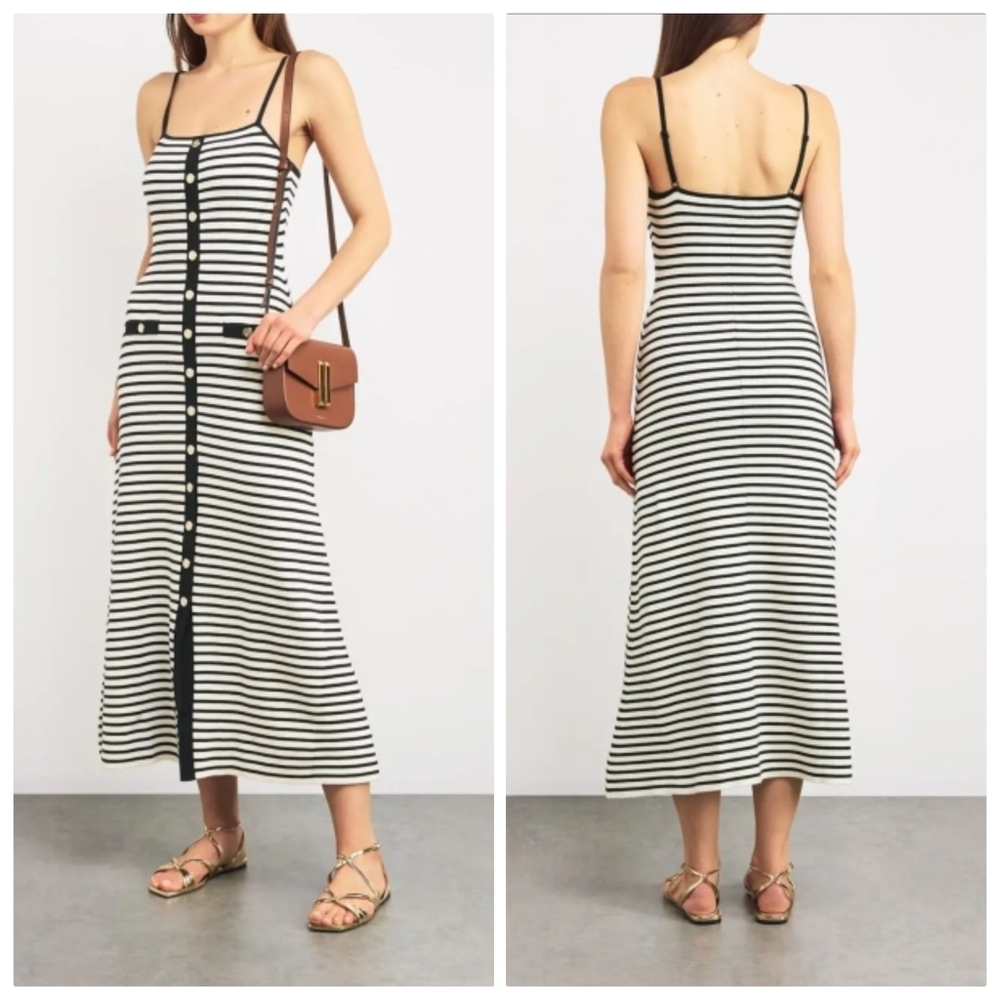 New Caroline Constas Navy/White Striped Rib Knit Maxi Dress Small NWT